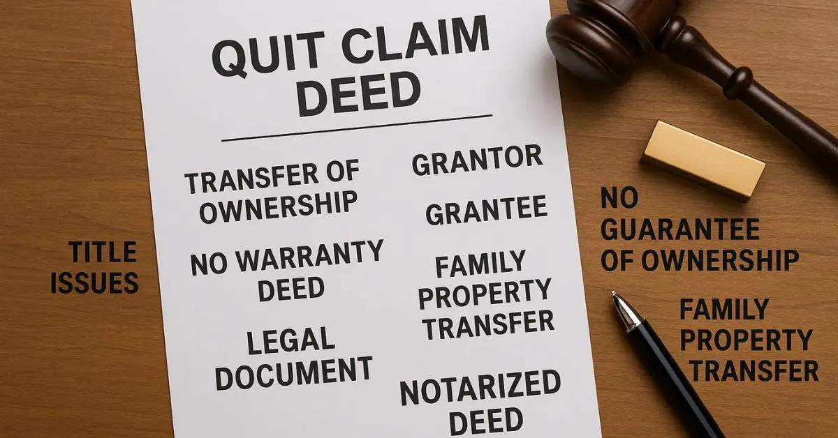 A sheet of paper headed Quit Claim Deed listing terms like grantor, grantee and notarized deed, beside a gavel and a pen on a wooden desk
