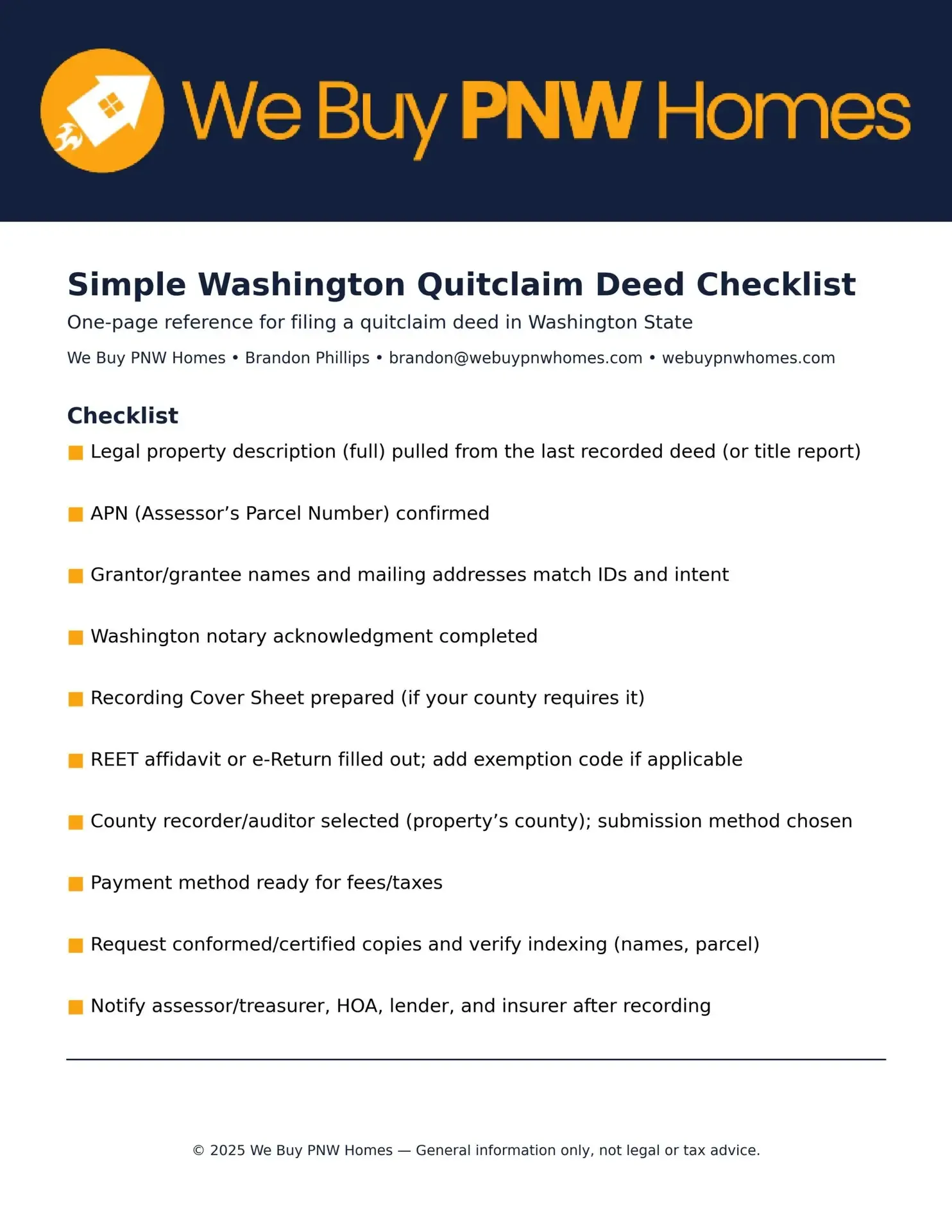 The one-page Simple Washington Quitclaim Deed Checklist from We Buy PNW Homes: ten items, each with an orange check box