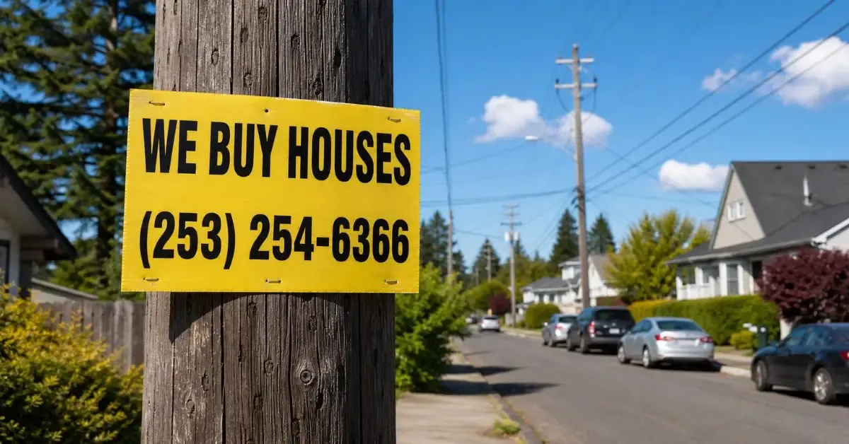 A yellow "We Buy Houses" sign stapled to a wooden utility pole on a sunny suburban street