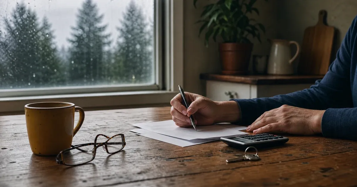 Two hands at a wooden kitchen table with a pen, blank paper, a calculator and a house key, a mug of coffee beside them and rain on the window